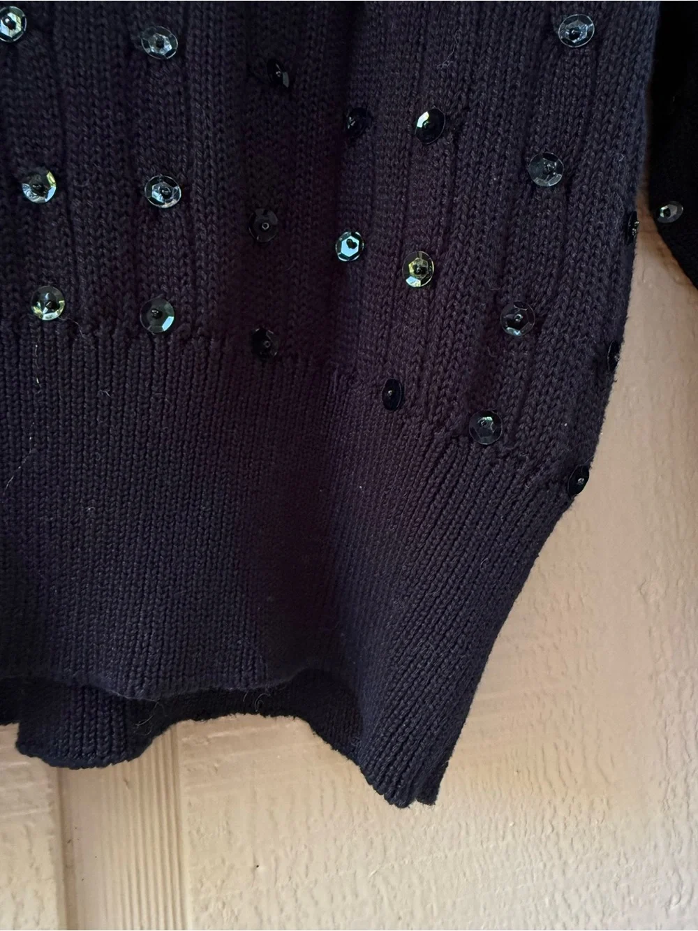 Vintage Liz Claiborne Black Sequin Embellished V-Neck Ribbed Tennis Sweater S